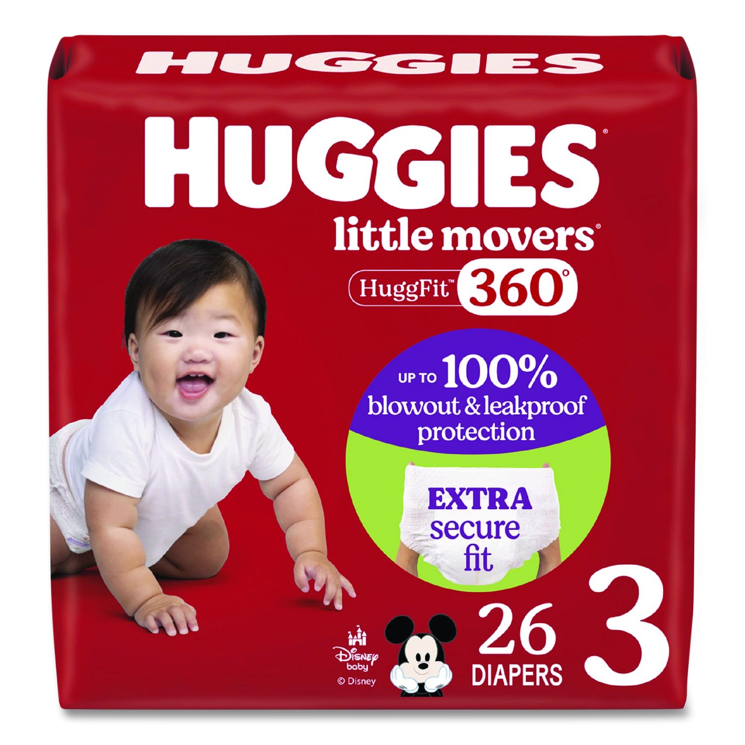 Kimberly Clark Little Movers HuggFit 360 Degree, Size 3, 16 lbs to 28 lbs, Disney Design, 26 Diapers/Pack, 4 Packs/Carton