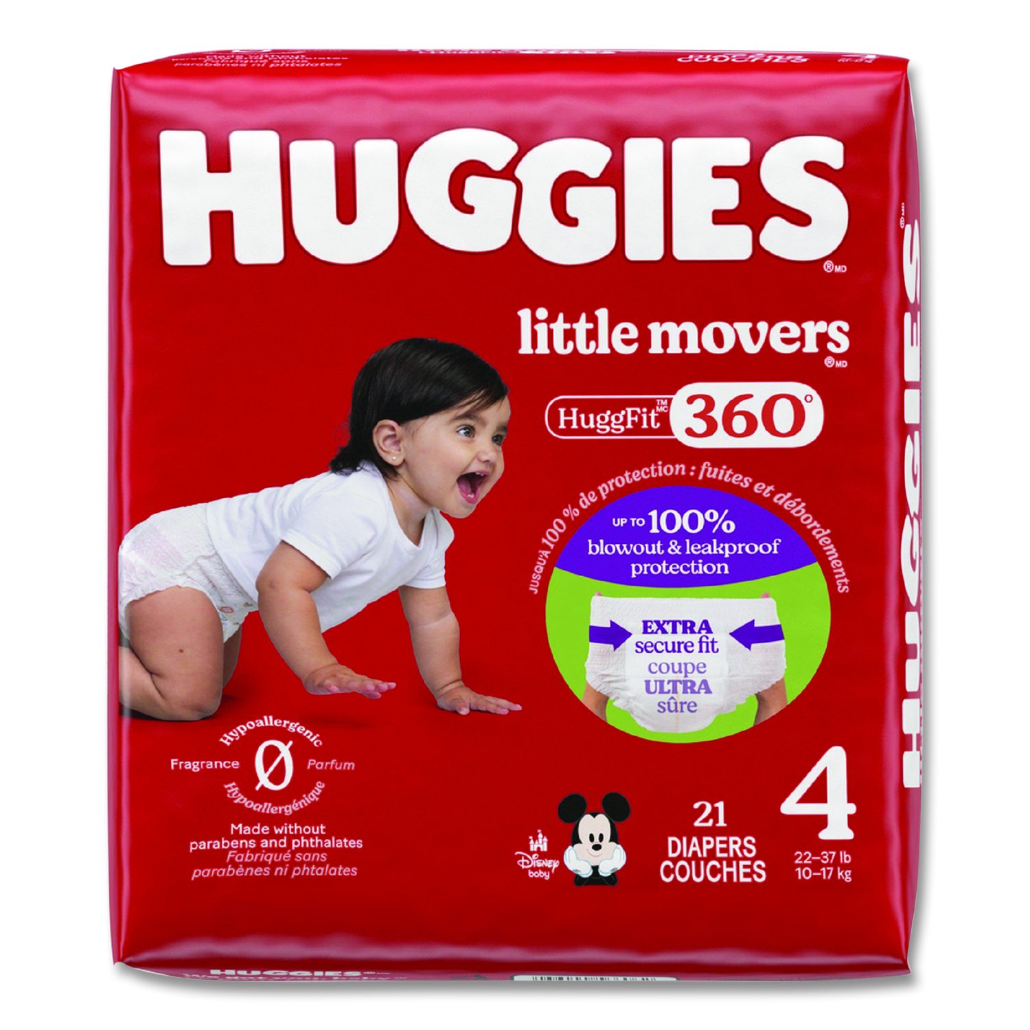 Kimberly Clark Little Movers HuggFit 360 Degree, Size 4, 22 lbs to 37 lbs, Disney Design, 21 Diapers/Pack, 4 Packs/Carton