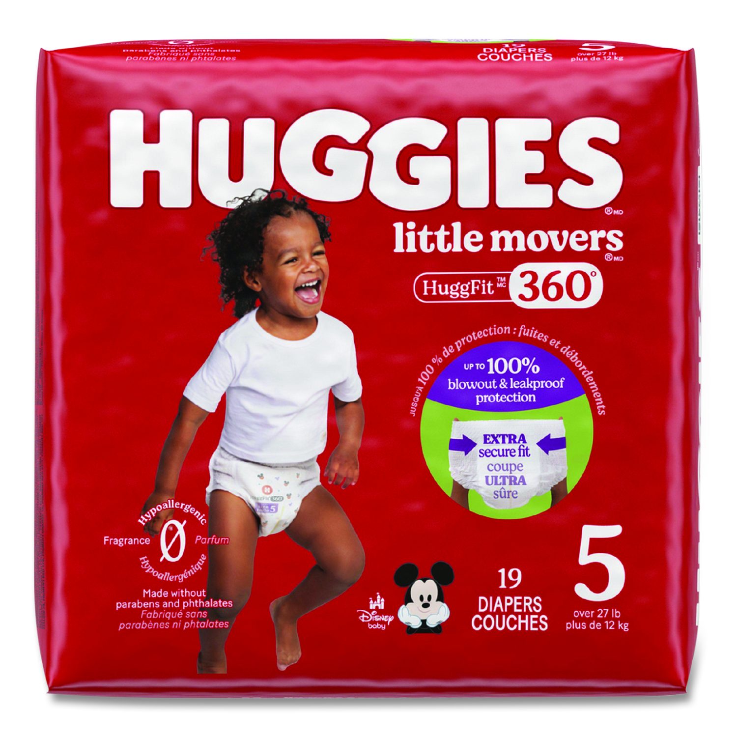 Kimberly Clark Little Movers HuggFit 360 Degree, Size 5, Over 27 lbs, Disney Design, 19 Diapers/Pack, 4 Packs/Carton