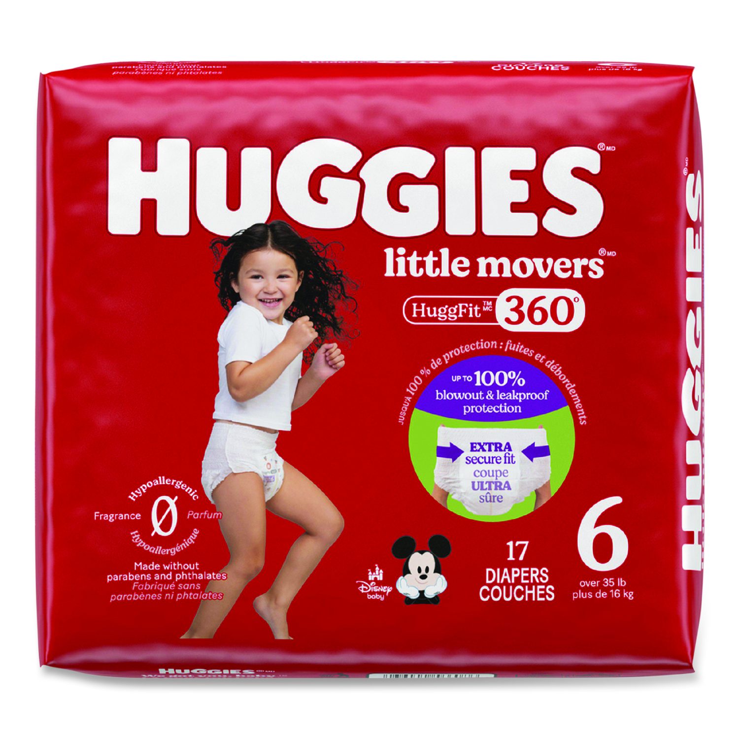 Kimberly Clark Little Movers HuggFit 360 Degree, Size 6, Over 35 lbs, Disney Design, 17 Diapers/Pack, 4 Packs/Carton