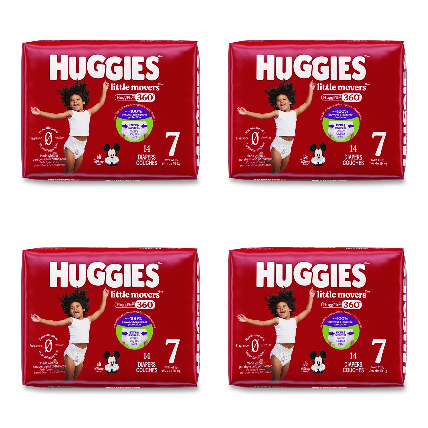 Kimberly Clark Little Movers HuggFit 360 Degree, Size 7, Over 41 lbs, Disney Design, 14 Diapers/Pack, 4 Packs/Carton
