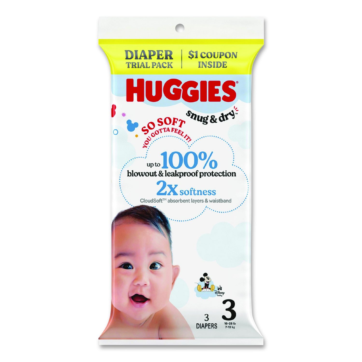 Kimberly Clark Snug and Dry, Size 3, 16 lbs to 28 lbs, Disney Design, 3 Diapers/Pack, 30 Packs/Carton