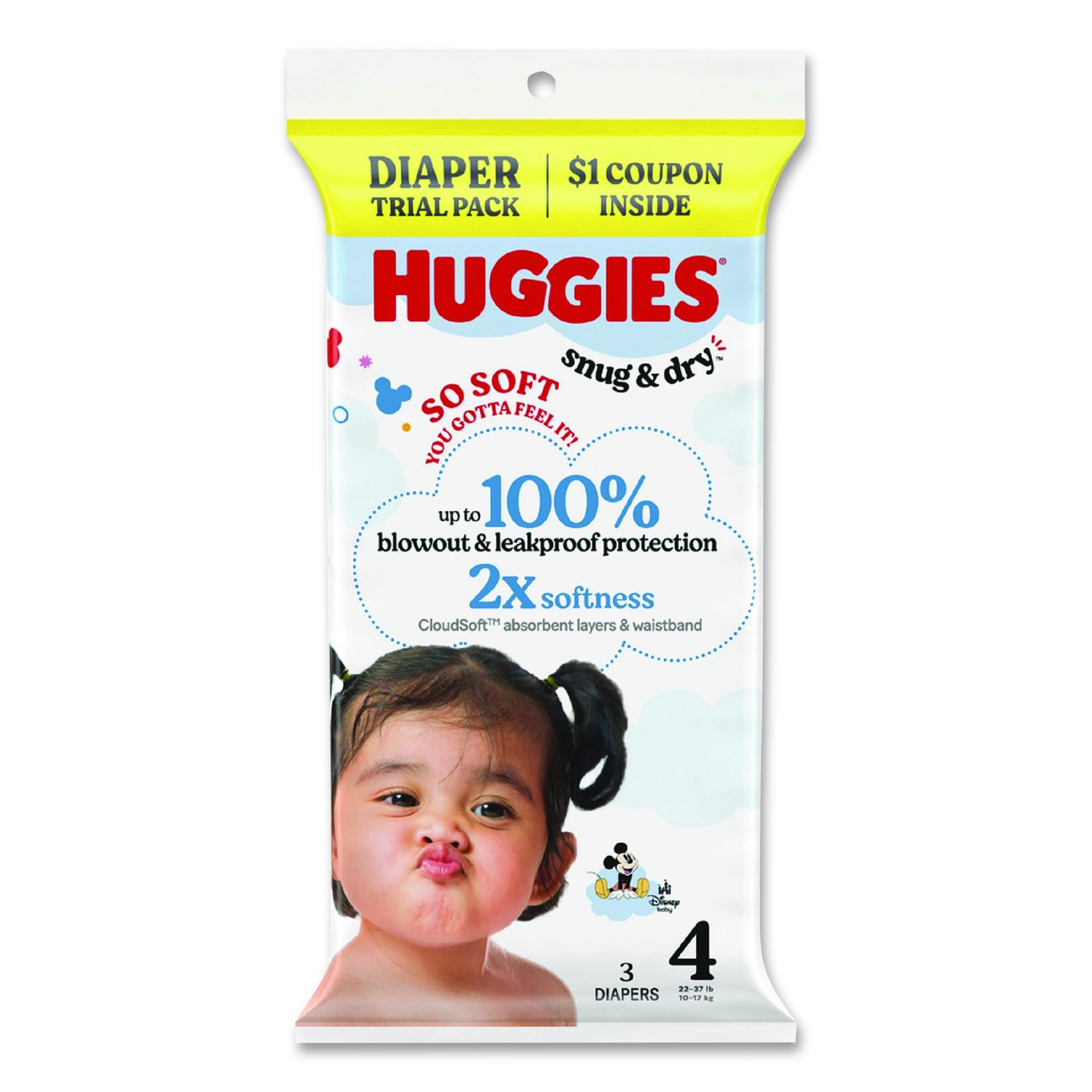 Kimberly Clark Snug and Dry, Size 4, 22 lbs to 37 lbs, Disney Design, 3 Diapers/Pack, 30 Packs/Carton