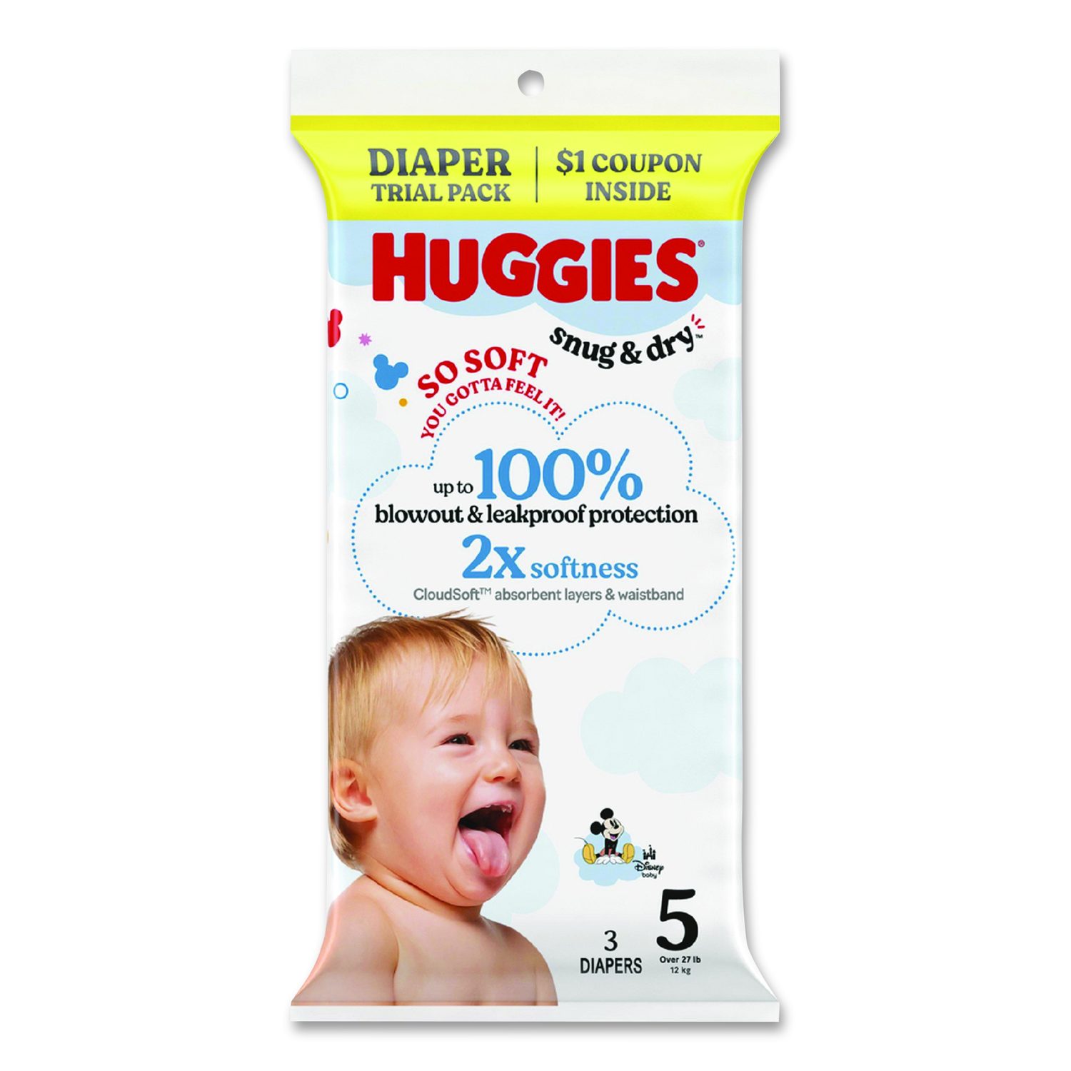 Kimberly Clark Snug and Dry, Size 5, Over 27 lbs, Disney Design, 3 Diapers/Pack, 30 Packs/Carton